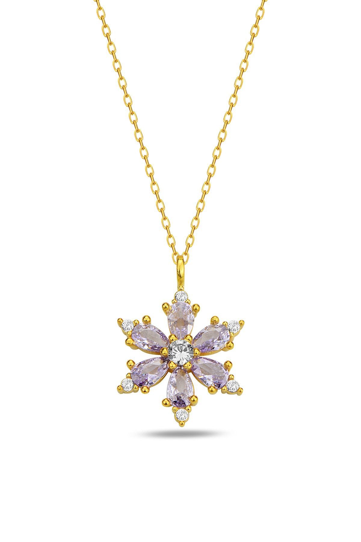  Lila Damla Taşlı Lotus Kamelya  Paslanmaz Çelik Gold Kolye