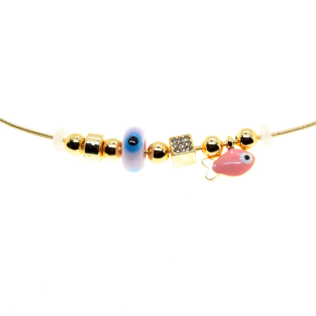 Pembe Mineli Balık Figürlü Gold Zirkon Kolye