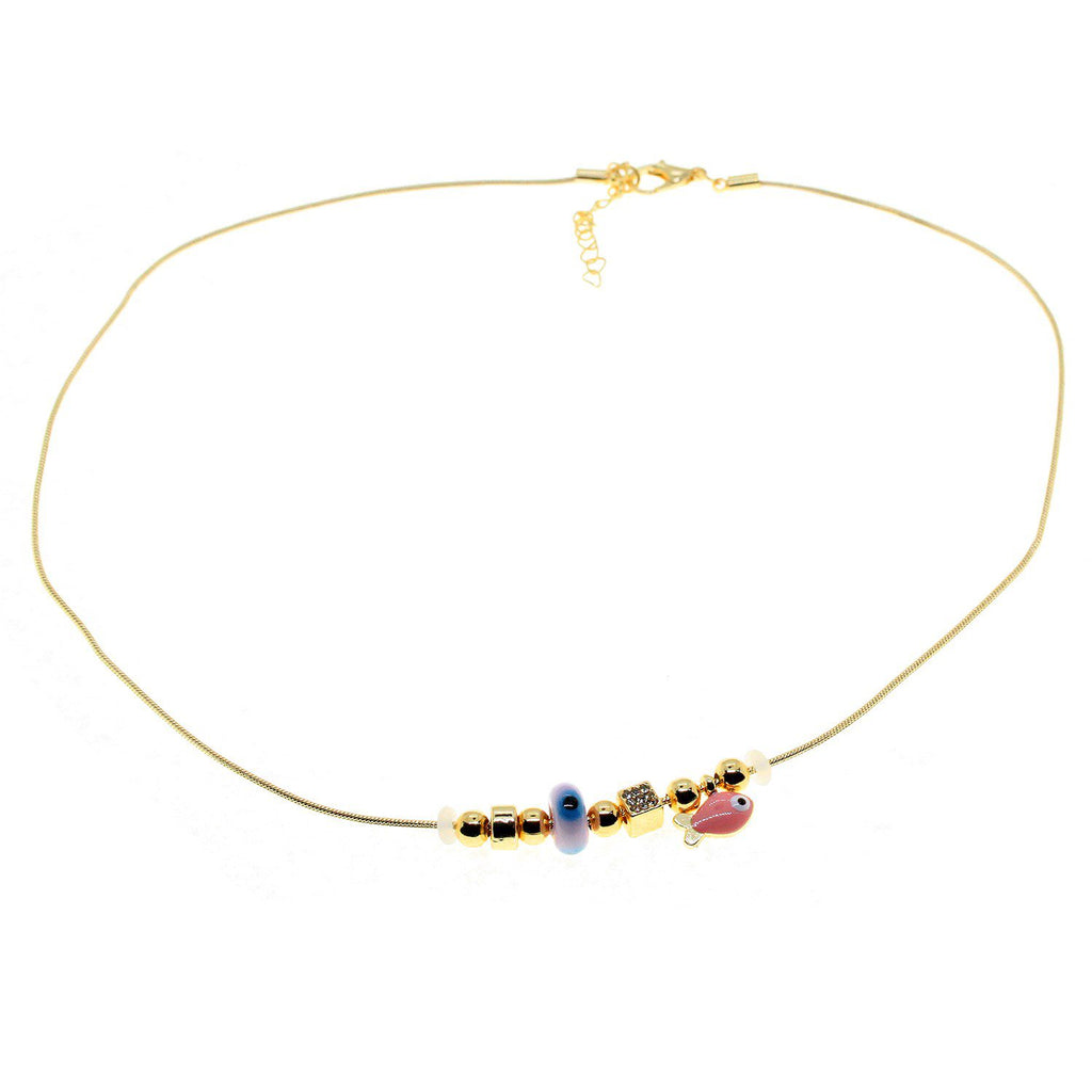 Pembe Mineli Balık Figürlü Gold Zirkon Kolye