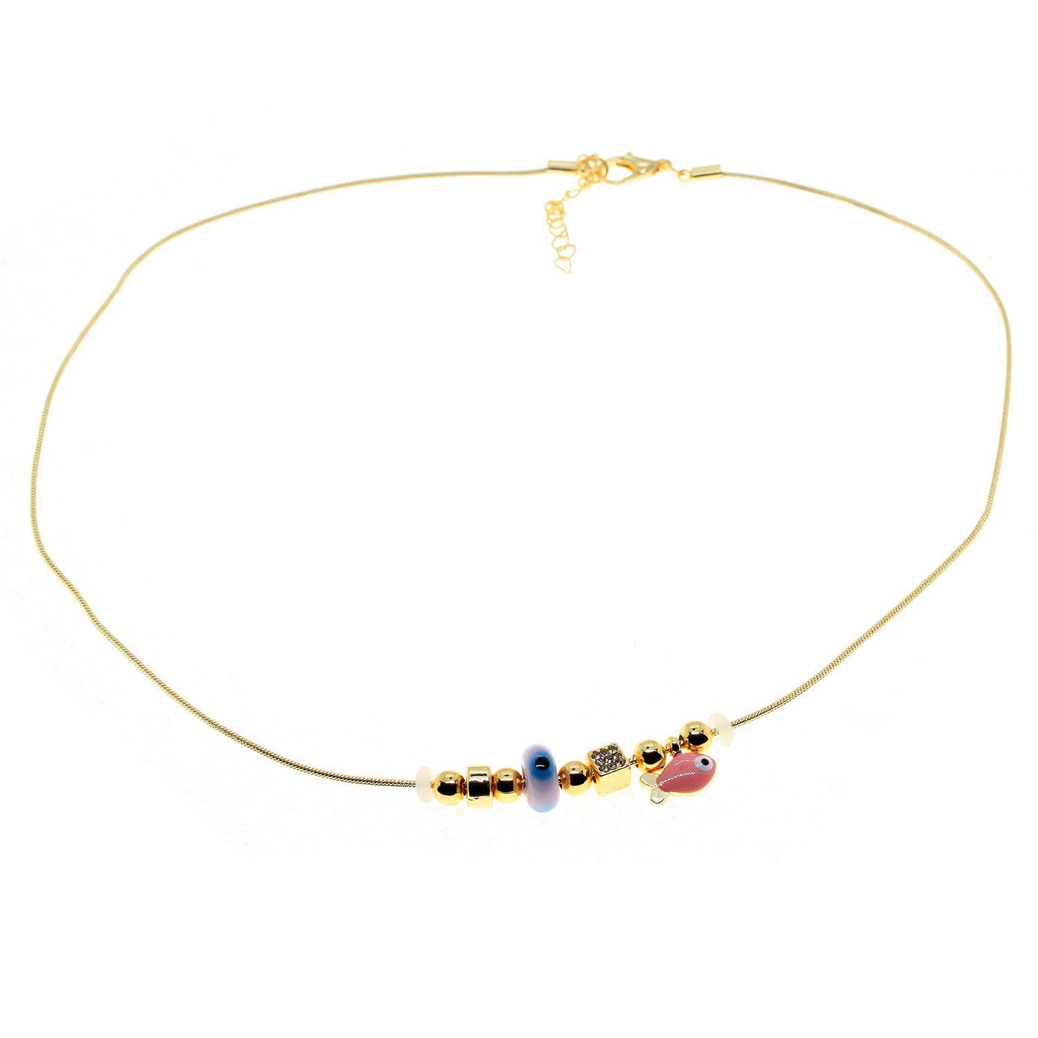 Pembe Mineli Balık Figürlü Gold Zirkon Kolye