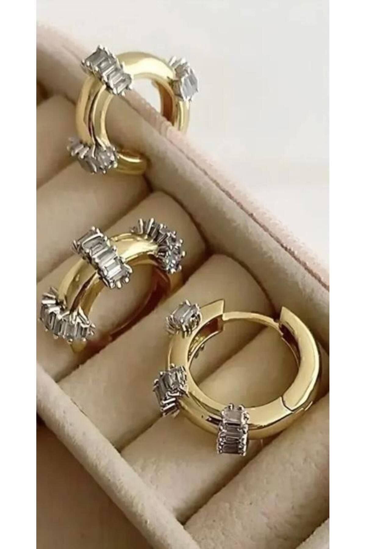 Gold Baget Taşlı Kararmaz Çelik Halka Küpe