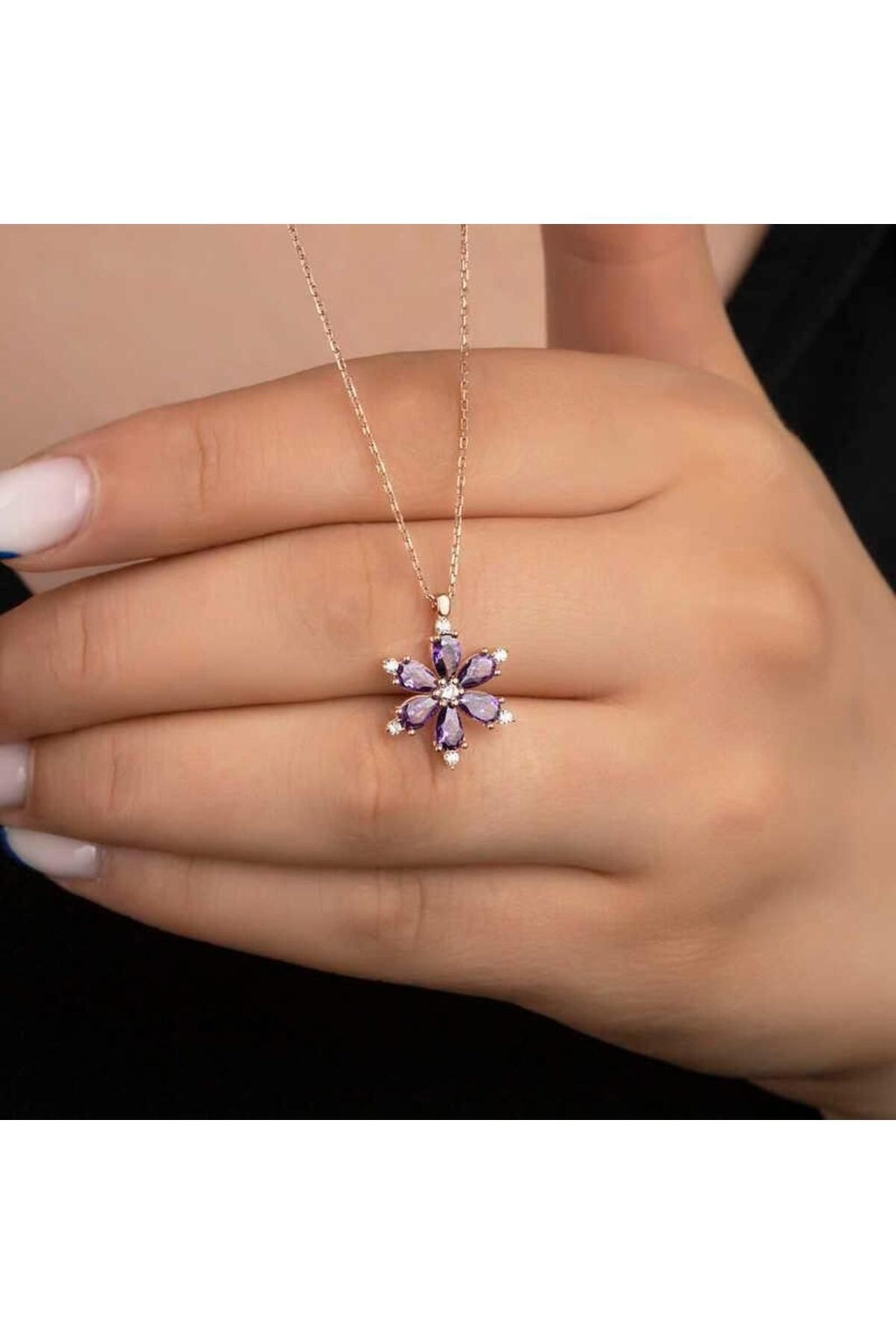 Mor Damla Taşlı Lotus Kamelya Paslanmaz Çelik Kolye 