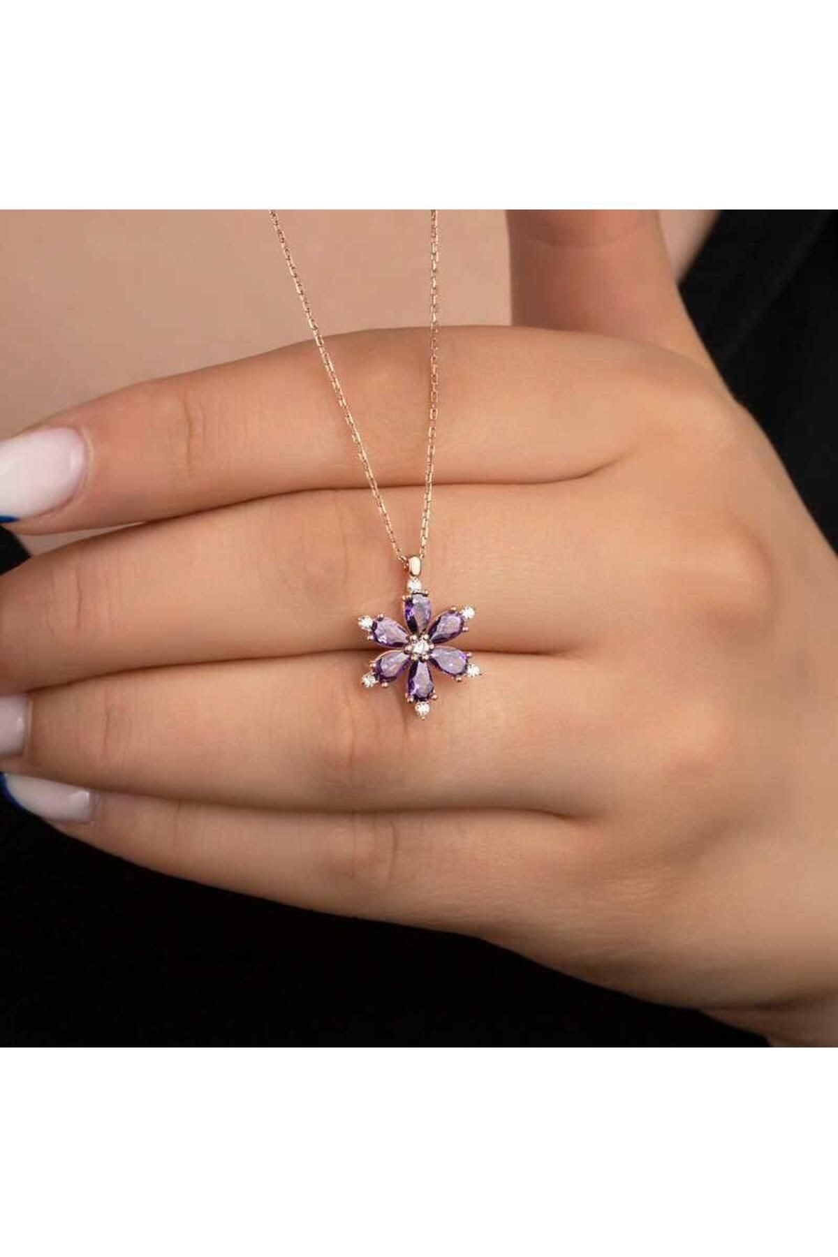 Mor Damla Taşlı Lotus Kamelya Paslanmaz Çelik Kolye 