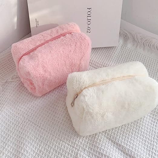 Yumuşak Peluş Dokulu Makyaj Çantası - Beyaz