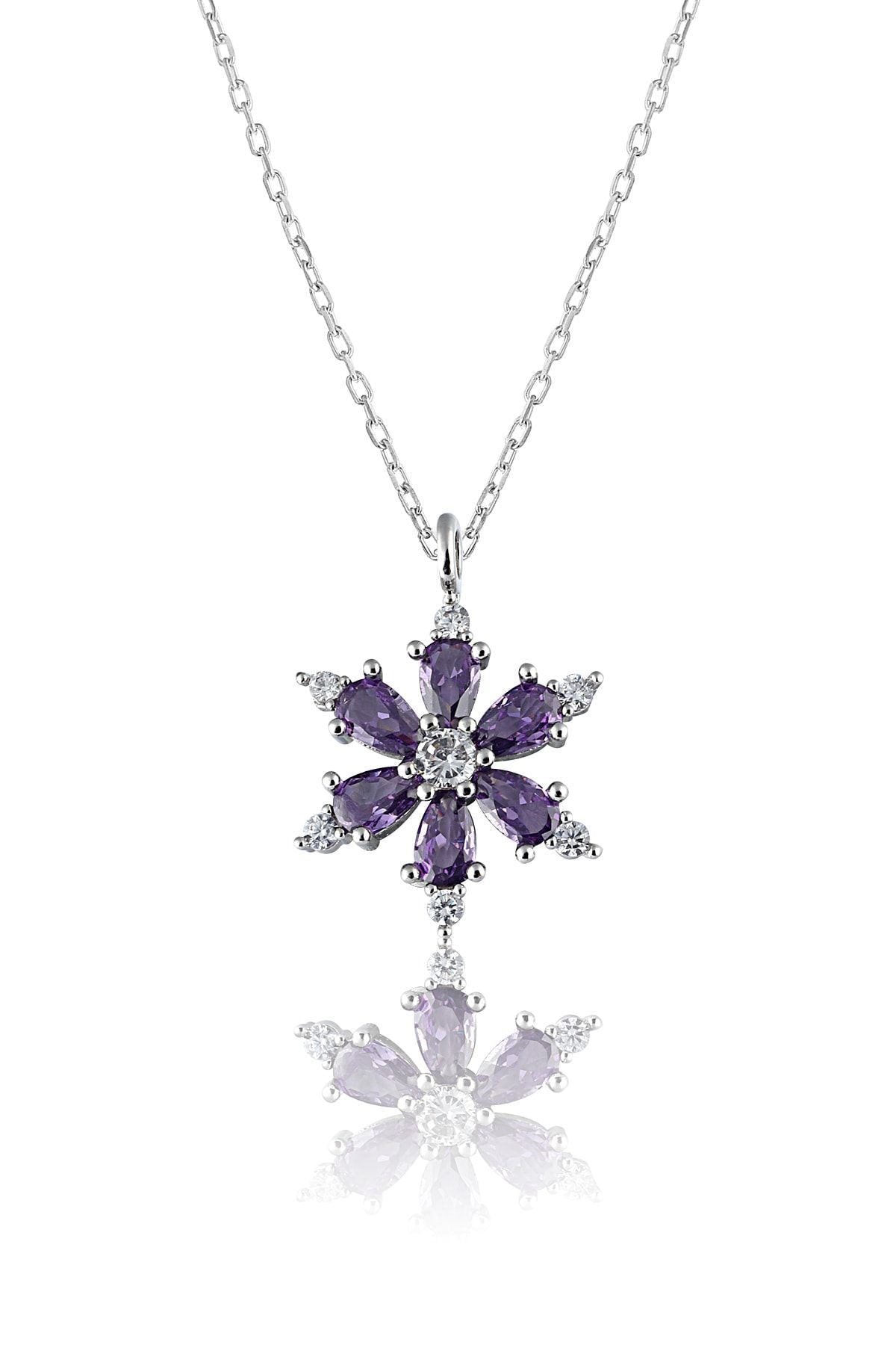 Silver Mor Damla Taşlı Lotus Kamelya Çiçeği Çelik Kolye