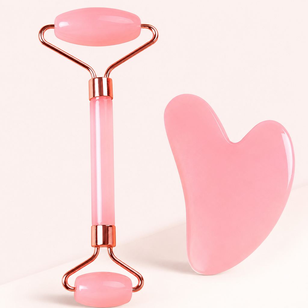 Pembe Reçine Gua Sha Masaj Aleti ve Yüz Masaj Aleti Seti