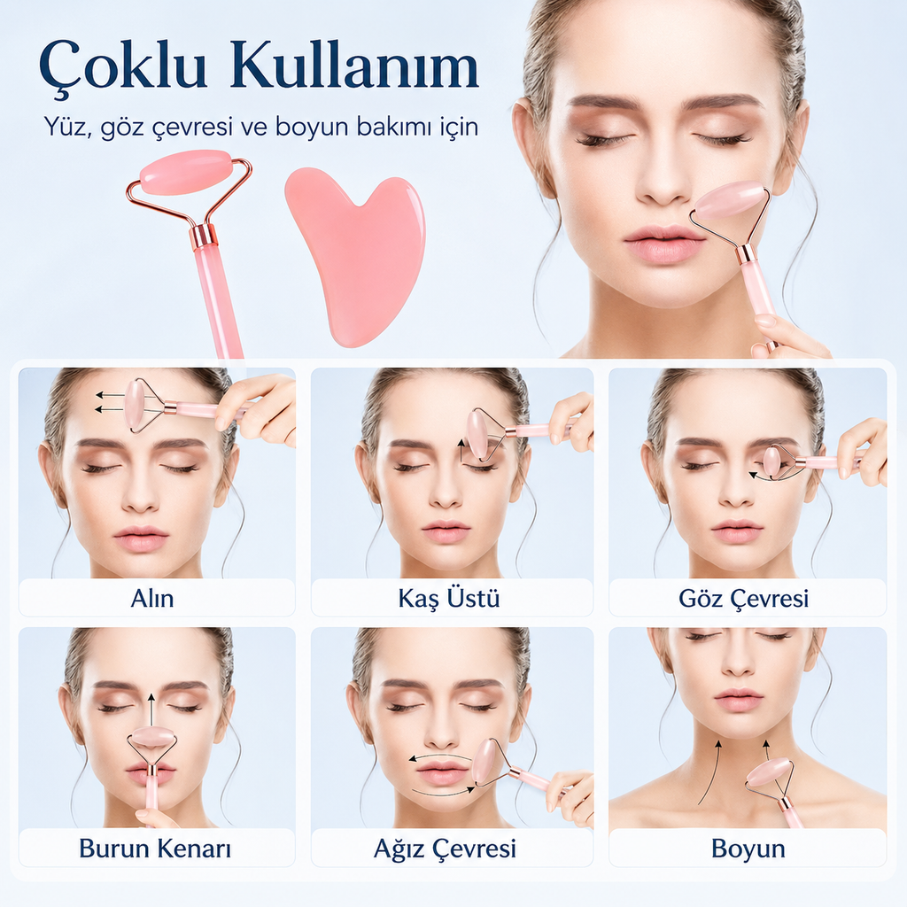 Pembe Reçine Gua Sha Masaj Aleti ve Yüz Masaj Aleti Seti