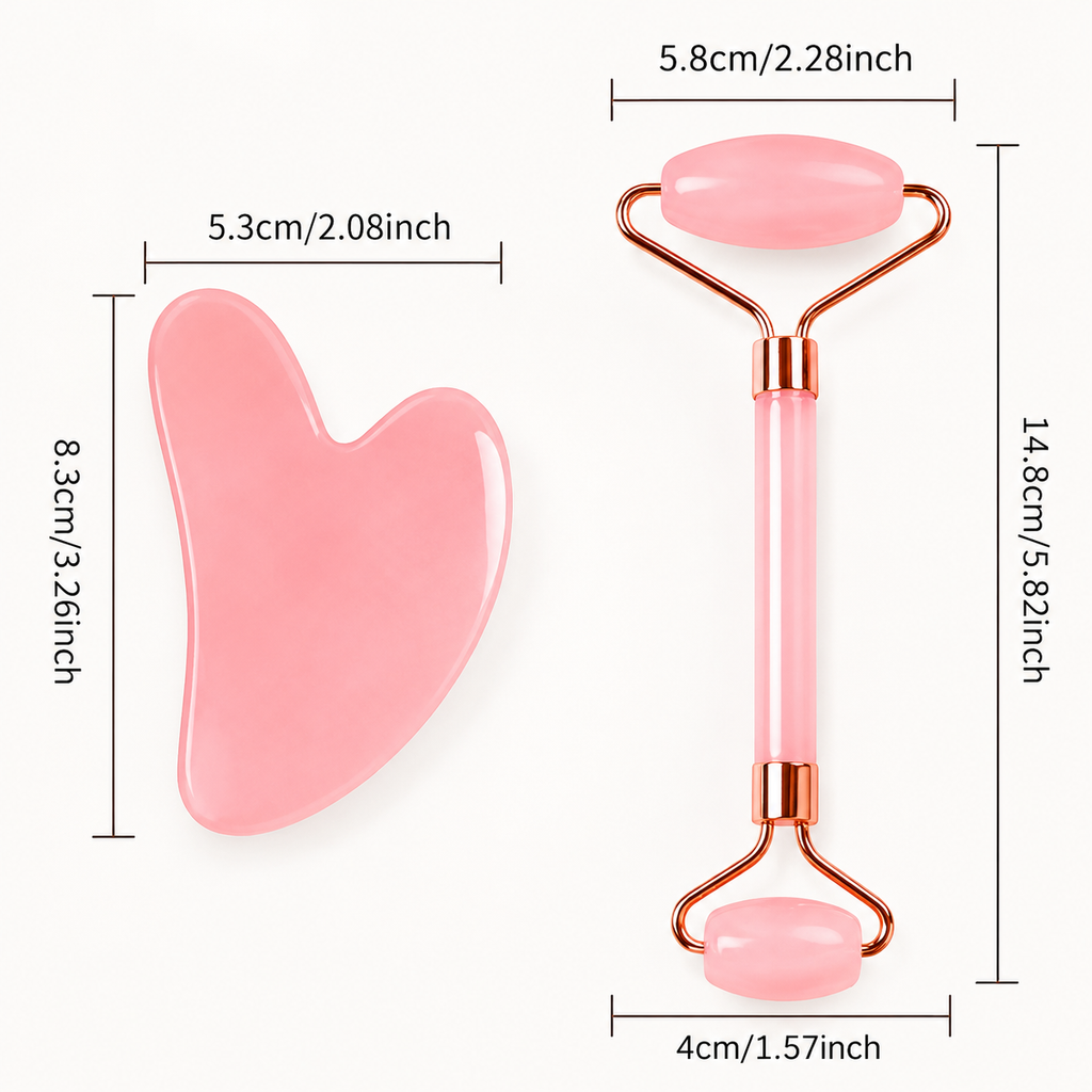 Pembe Reçine Gua Sha Masaj Aleti ve Yüz Masaj Aleti Seti
