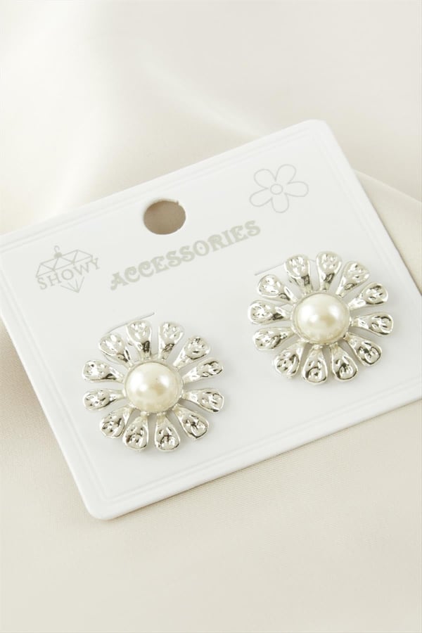 İnci Merkezli Flora Küpe - Silver